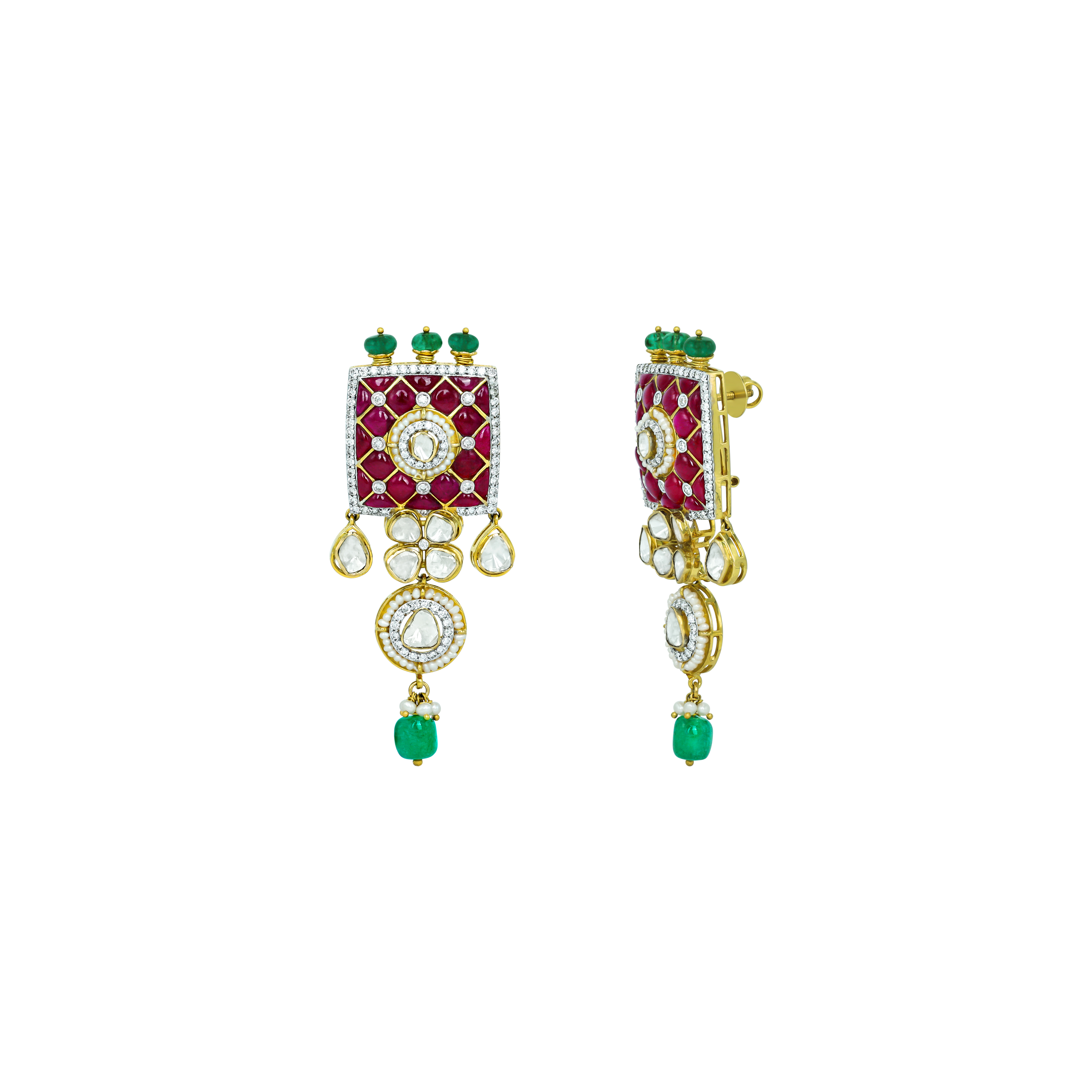 Ruby Talaf Earrings with Polki and Emerald Bead Drops